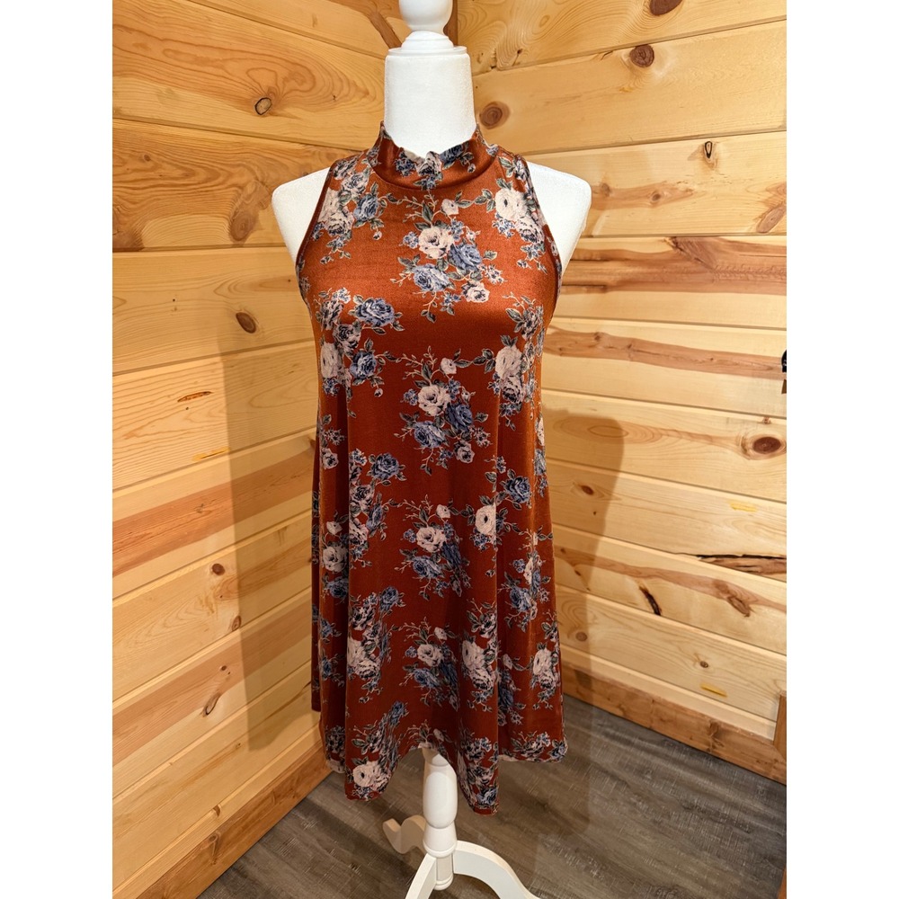 Yellow Chair Rust Floral Velvet Mock Neck Keyhole Back Mini Dress Small K5107‎